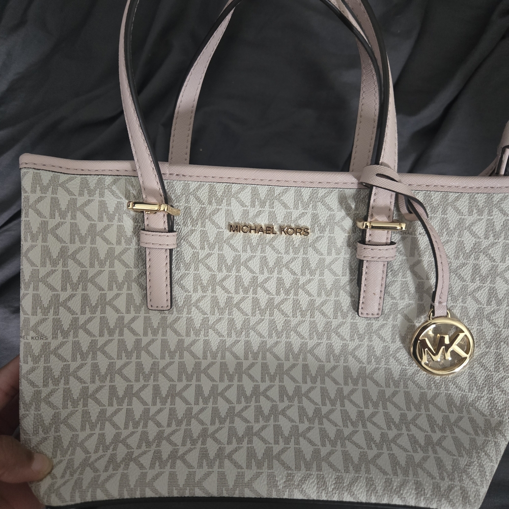 Michael Kors Cream and Pink Logo Handbag